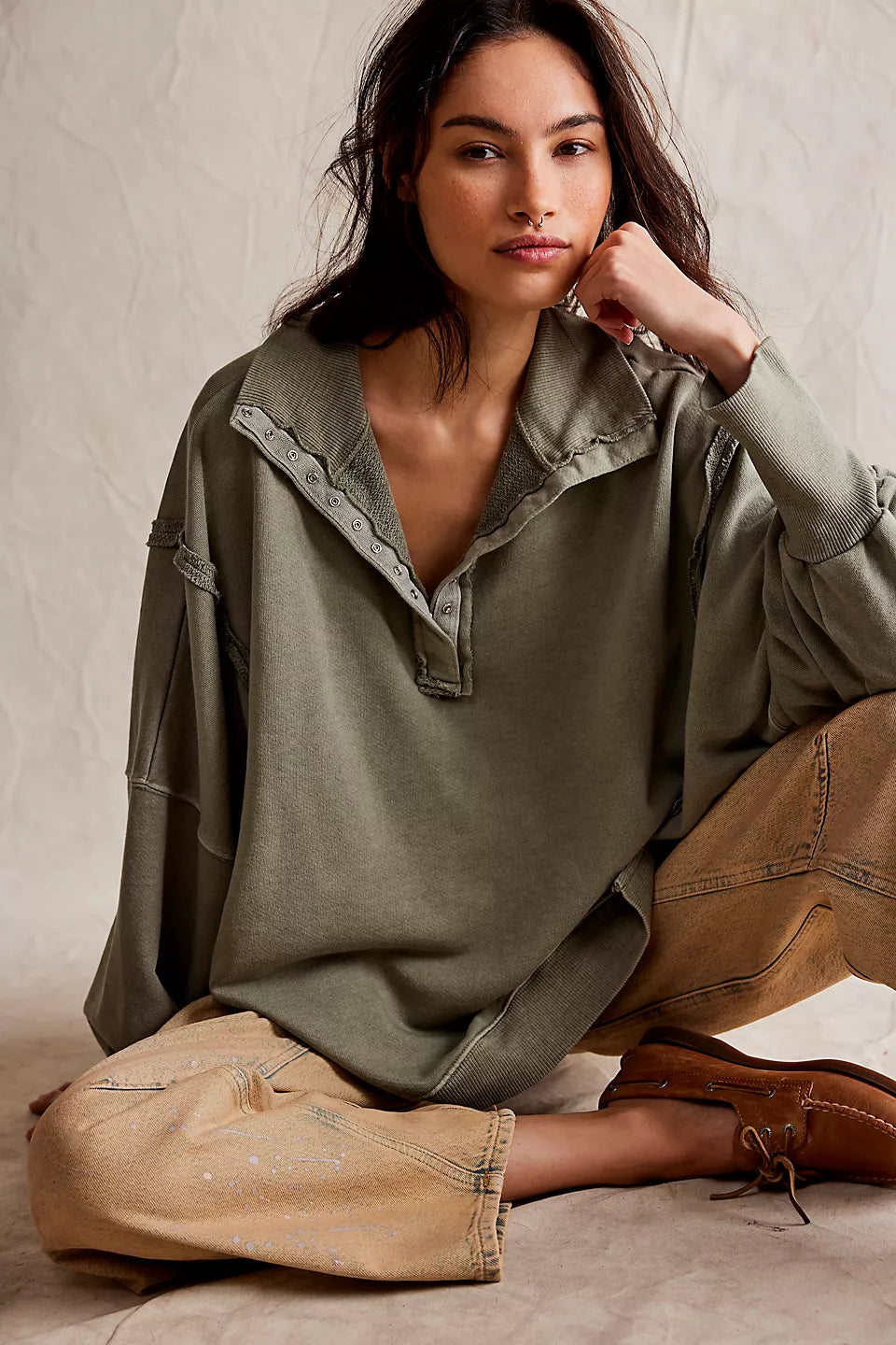 Free People We The Free Camden Henley Sweatshirt - LAUREL OAK Hoodie with Elastic Waist Stretchable Comfortable