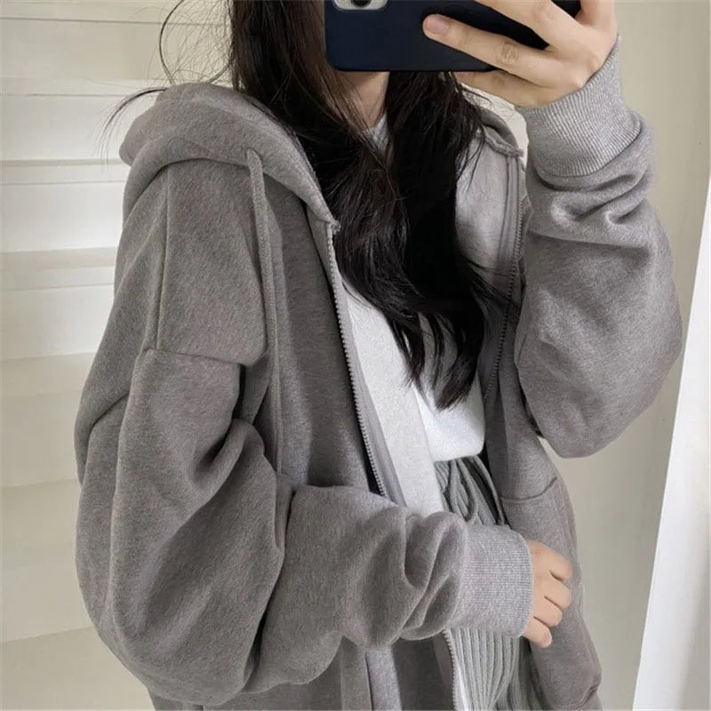 Lucyever Gray Zip Up Hoodie Coat Women Streetwear Harajuku Oversized Hood Jacket Female Autumn Retro Solid Color Sweatshirts Denim Jacket Leather Jacket Suede Jacket