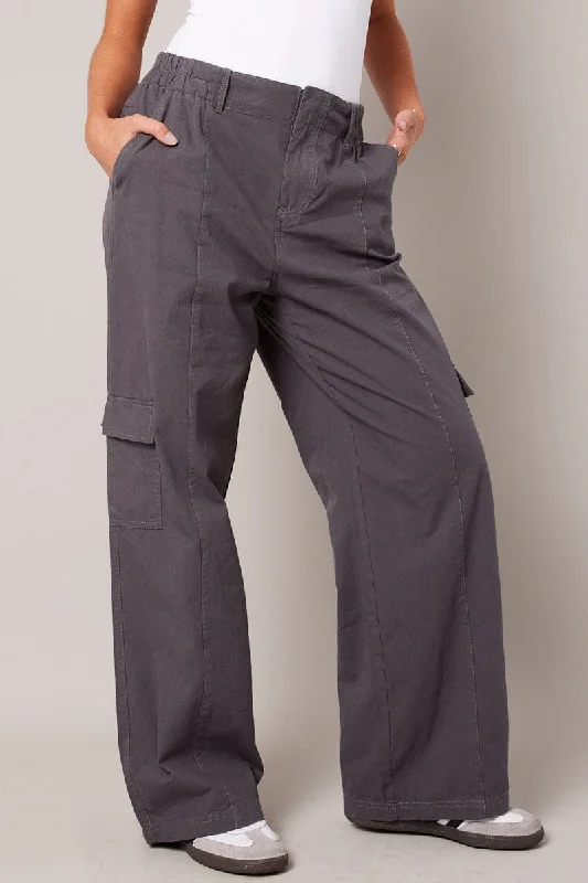 Grey Cargo Pants Mid Rise Relaxed Lounge Trousers