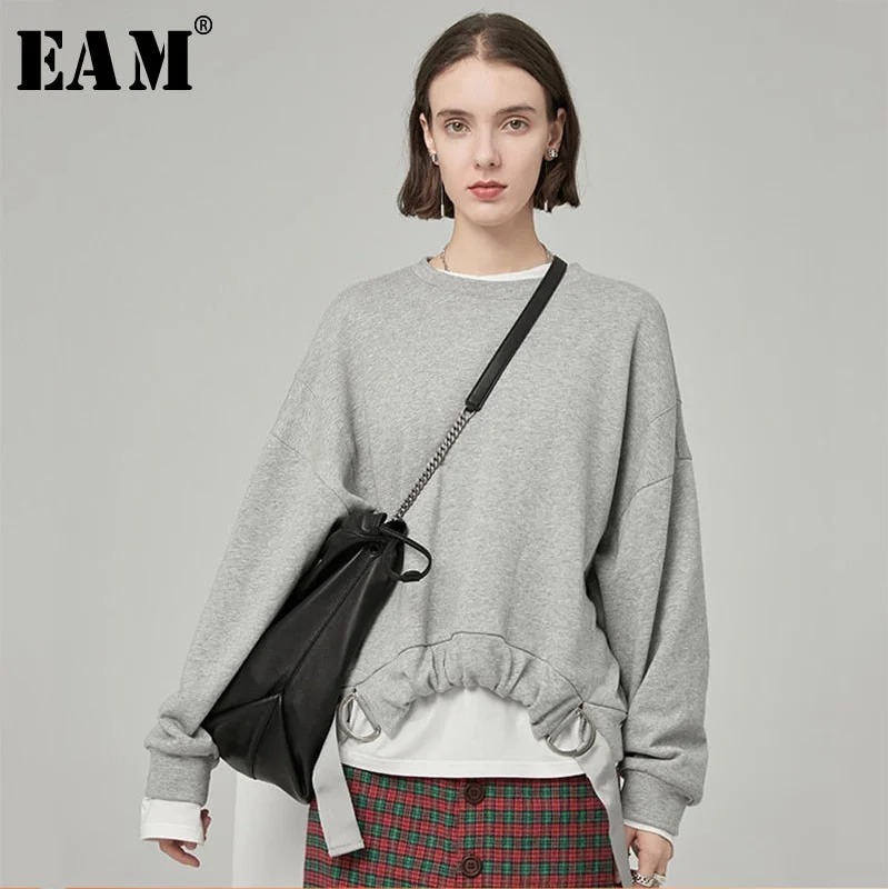 WILUXE Loose Fit Drawstring Metal Circle Sweatshirt New Round Neck Long Sleeve Women Big Size Fashion  Autumn Winter 2019 JZ696 Hoodie with Color Block Contrast Stylish