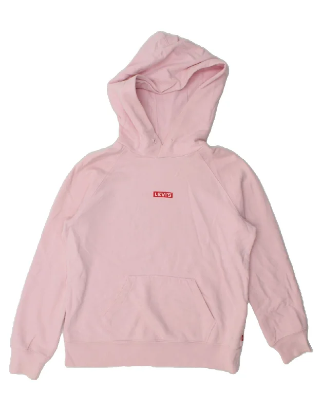 LEVI'S Womens Oversized Hoodie Jumper UK 6 XS Pink Cotton Hoodie with Frayed Bohemian Relaxed