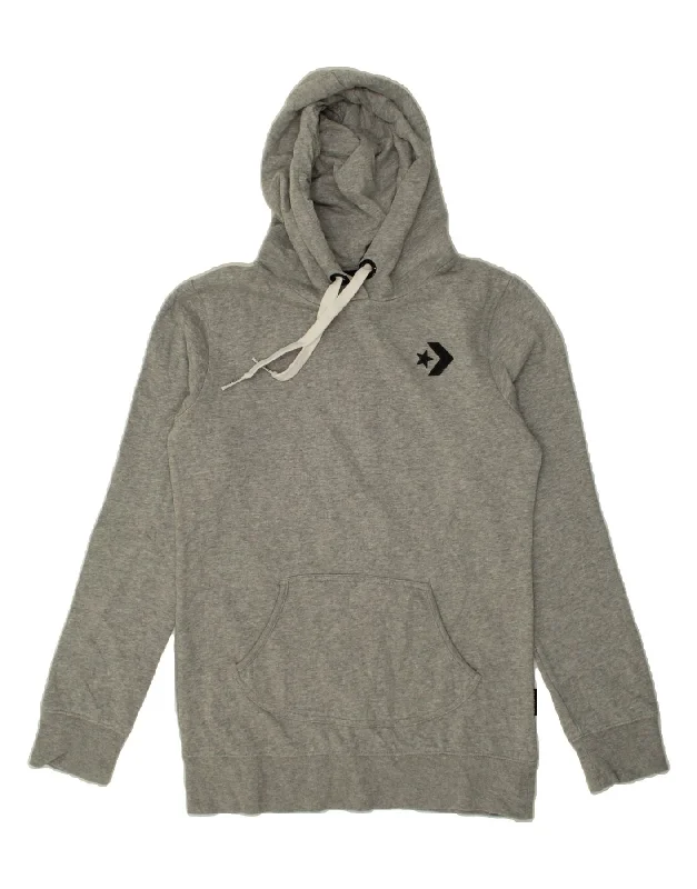 CONVERSE Womens Hoodie Jumper UK 14 Large Grey Cotton Hoodie with Patch Decorative Personalized