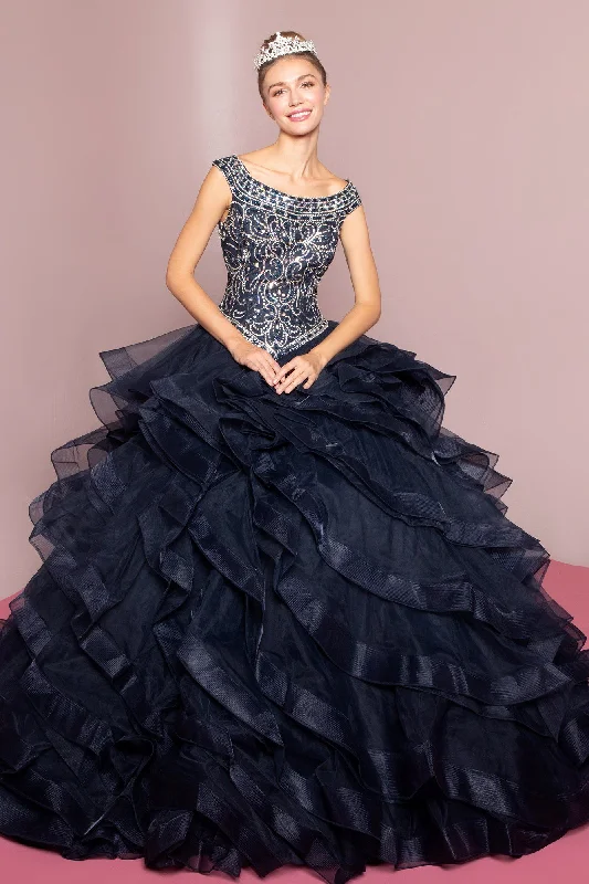 Jeweled Cap Sleeve Ball Gown with Layered Skirt by Elizabeth K GL1600 elastic waist skirt