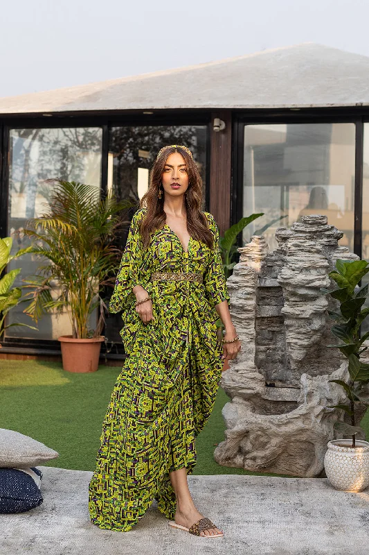 Green Draped Dress with Embroidered Belt Tunics Mesh breathable