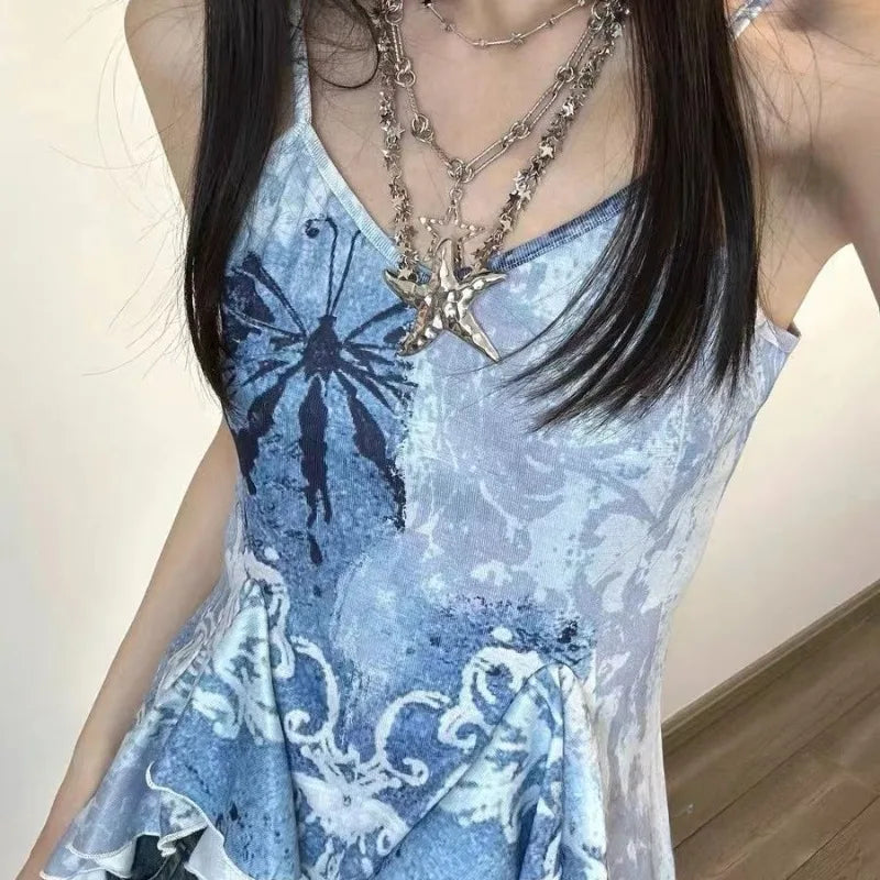 Advbridge Asymetrical Tanks Camis for Women Niche Design Summer Personality Girls Clothing Fashion Tie Dye Outwear Casual Chic Students fitness tank top