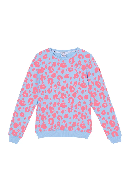 Pale Blue with Neon Coral Leopard Sweatshirt Hoodie with Mock Neck Collared Structured