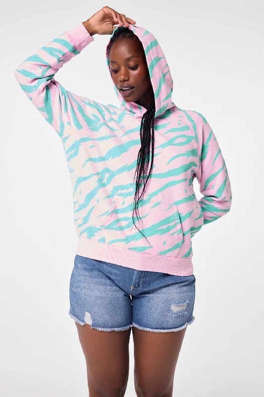 Pink with Green Tiger Print Relaxed Hoodie Hoodie with Drop Shoulder Relaxed Streetwear