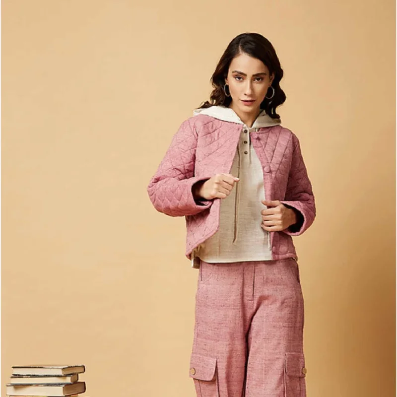Women Hoodie Winter Jacket  | Quilted Style | Peace Eri Silk | Casual | Powder Pink Hoodie with Hem Frayed Vintage Worn