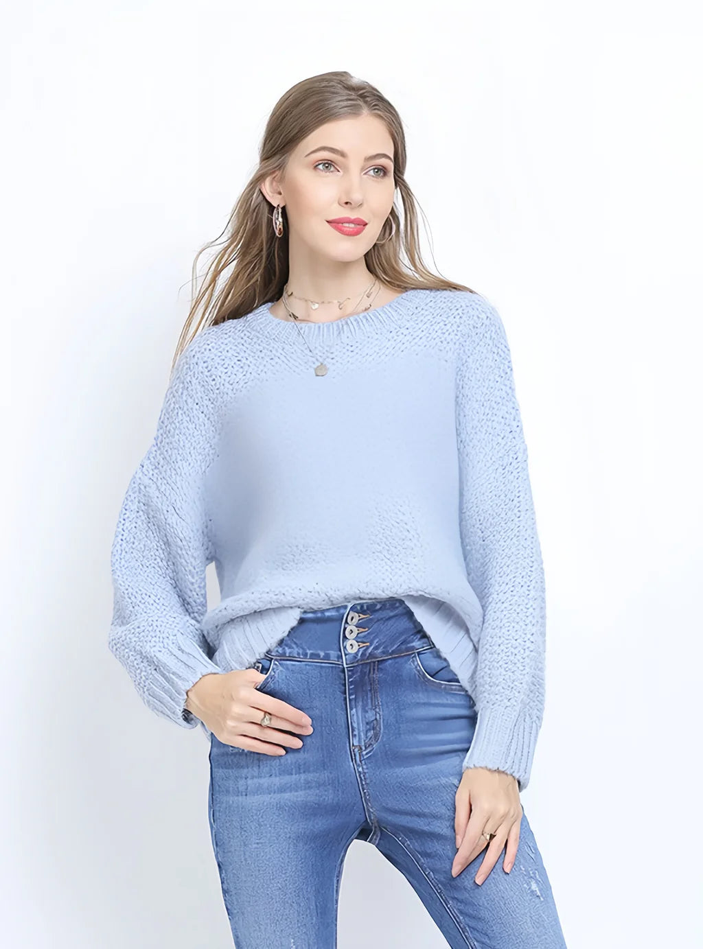 CLASSY ROUND NECK LOOSE SOLID COLOR SWEATER Denim Fabric Leather Fabric Suede Fabric