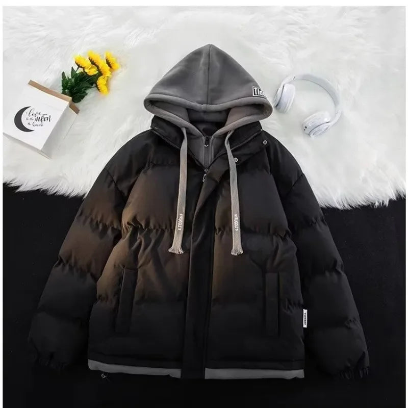 Winter New Style Padded Jacket Thickened Hooded Two-piece Illusion Puffer Jacket For Men Women Loose-fit Couple Student Ribbed Jacket Pleated Jacket Ruffled Jacket