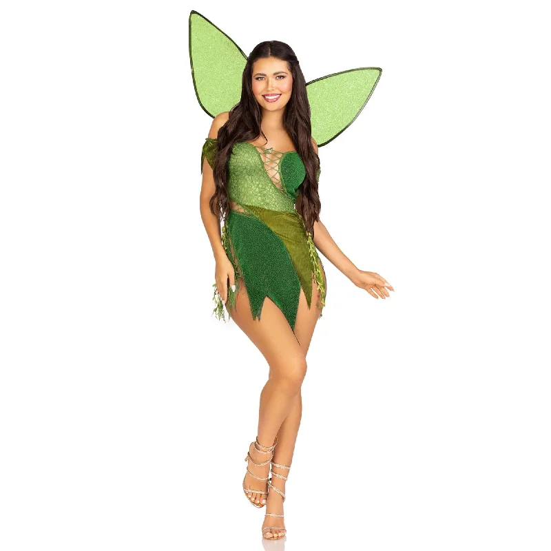 Forest Fairy Plus Size Costume for Adults, Green Dress and Wings Square Neckline Feminine