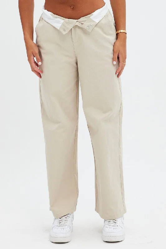 Beige Pant Straight Leg Turned Down Waist Comfy High-Waist Jeans