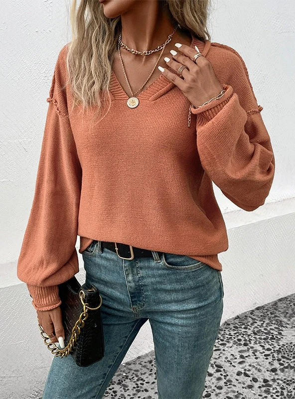 FASHION LONG SLEEVE SOLID COLOR V-NECK SWEATER Terry Blend Velvet Blend Canvas Blend