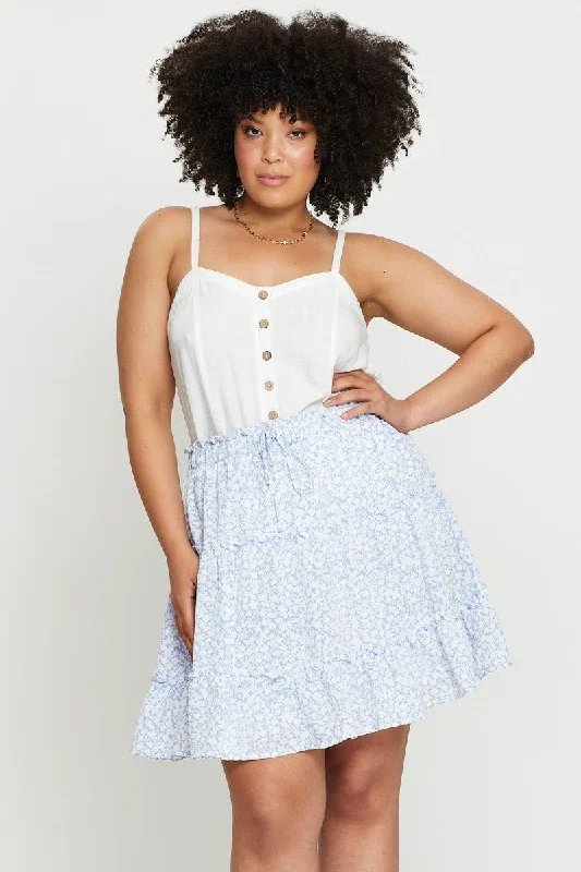 Floral Print Mini Skater Skirt Elastic Waist wool skirt warm