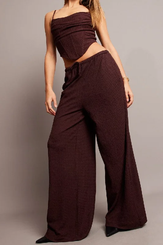 Brown Wide Leg Pants High Rise Textured Fabric Comfortable Jogging Pants