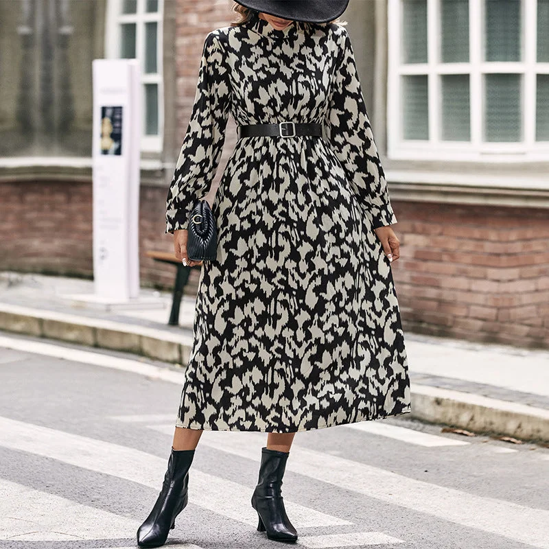 IKEARLAX New New New Fashion 2025 Women's Clothing Long Sleeve Half Turtleneck Printed Waist Temperament Dress Boatneck Modish Everyday