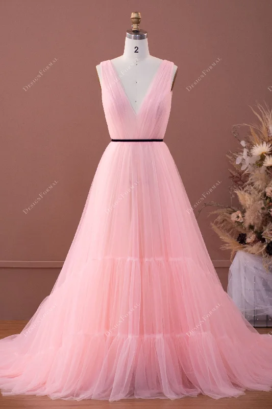 Baby Pink Pleated Tiered Tulle Fairy Formal Dress Elegant Long Evening