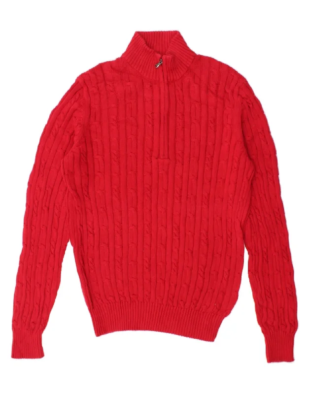 IZOD Womens Zip Neck Jumper Sweater UK 14 Medium Red Cotton Terry Terry Cloth Terry Knit