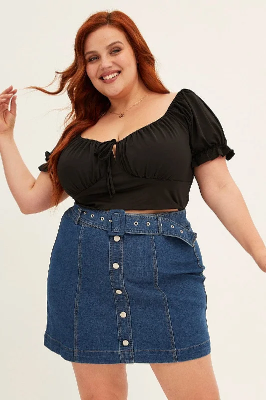 Denim Blue Mid Wash Denim Belted Button Front Mini Skirt casual skirt length