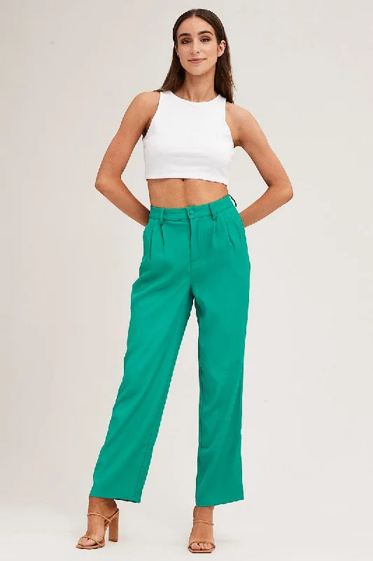 Green Pleat Detail High Waist Pant Classic Straight-Leg Pants