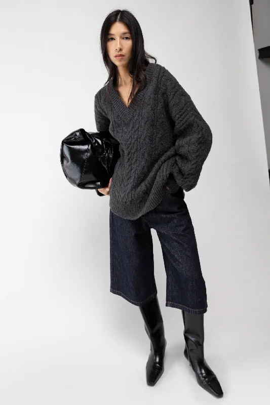 CABLE KNIT V-NECK SWEATER Spandex Rayon Corduroy