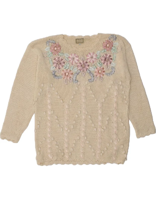 FOLLIE Womens Crew Neck Jumper Sweater UK 14 Medium Beige Floral Ramie Stylish Fashionable Trendy