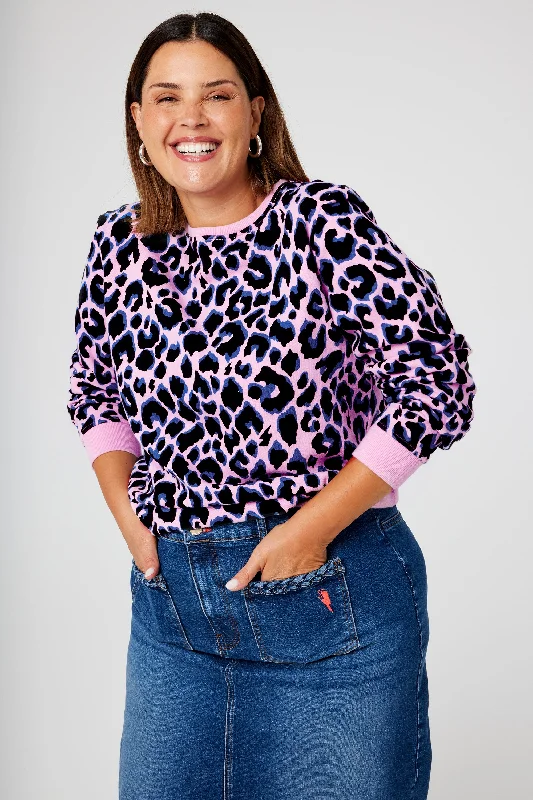 Pink with Blue and Black Shadow Leopard Classic Sweatshirt Hoodie with Lace Feminine Delicate