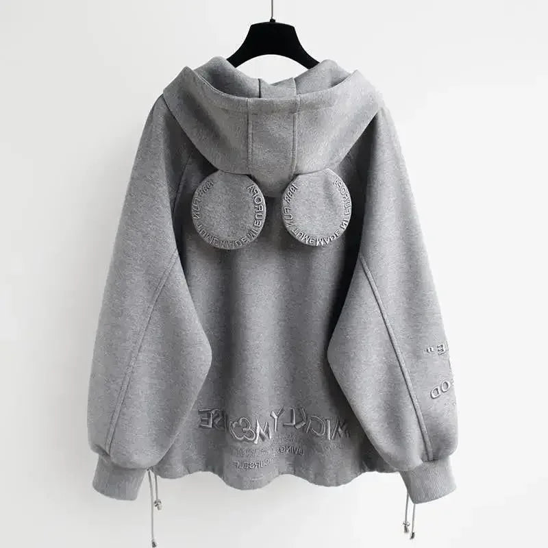 Trendy 2024 Autumn/winter New Women's Fleece-lined Thickened Hooded Sweatshirt Loose-fit Student Jacket Earflaps Belted Jacket Elasticated Jacket Padded Jacket