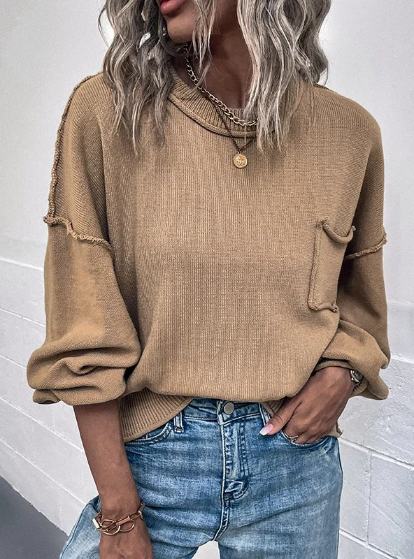 SOLID COLOR LANTERN SLEEVE POCKET SWEATER Mesh Fabric Canvas Fabric Denim Fabric