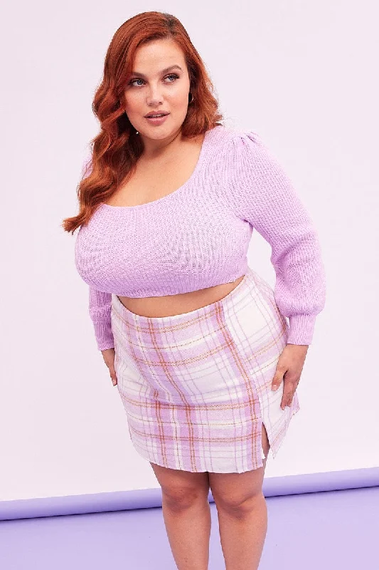 Purple Check Mini Skirt Side Split linen skirt light