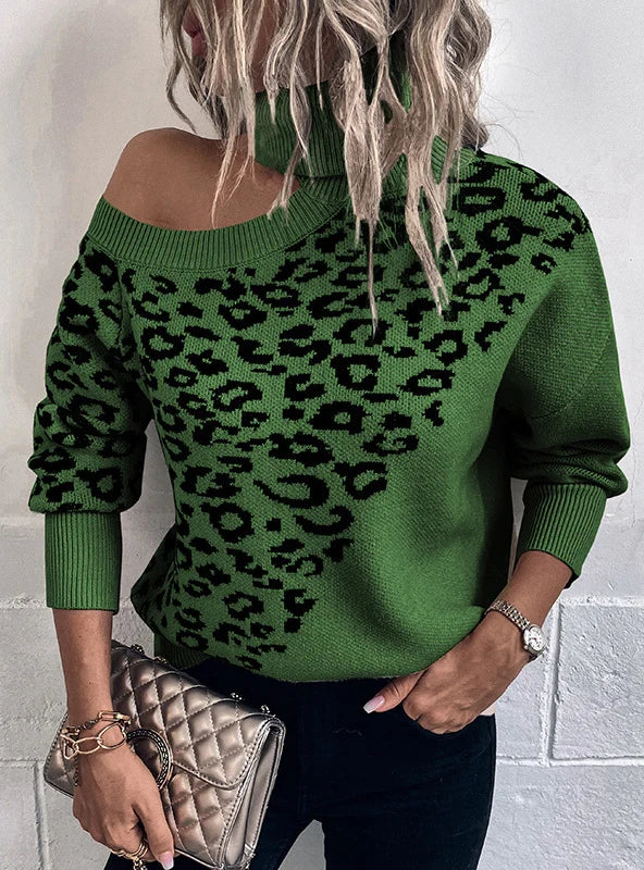COLLAR LEOPARD PRINT SEXY SWEATER Toggled Drawstring Belted