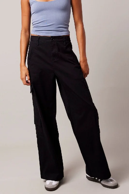 Black Cargo Pants Mid Rise Cozy Full-Length Pants