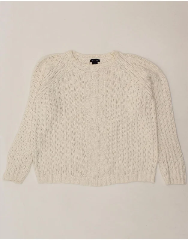 IZOD Womens Crop Boat Neck Jumper Sweater UK 14 Medium Off White Ramie Lace Blend Ribbed Blend Corduroy Blend