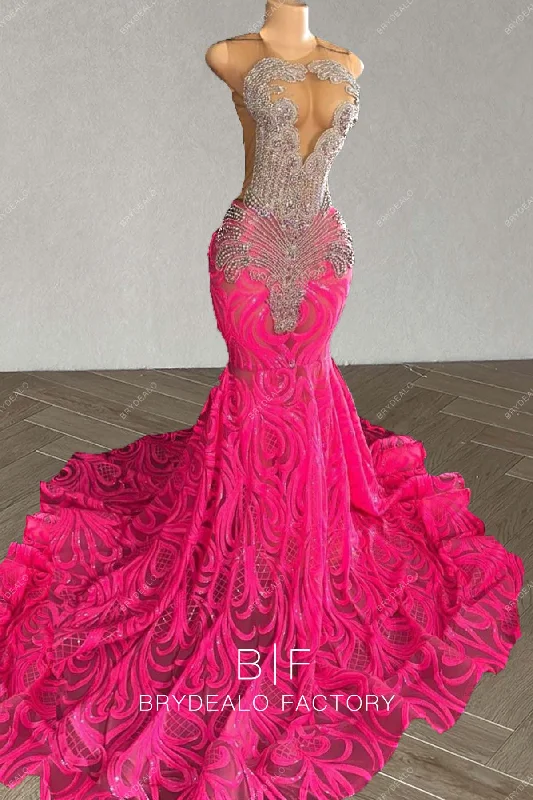 Rhinestones Unique Fuchsia Sequin Mermaid Long Train Prom Dress Tunics Satin smooth