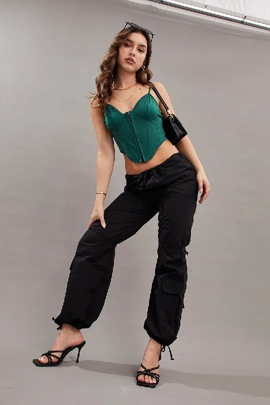 Black Cargo Parachute Pants Relaxed Relaxed High-Waist Trousers