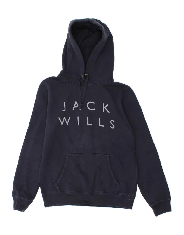 JACK WILLS Womens Graphic Hoodie Jumper UK 10 Small  Navy Blue Cotton Hoodie with Hem Ribbing Snug Secure