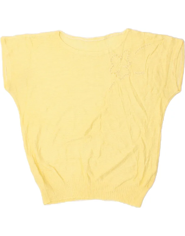 VINTAGE Womens Short Sleeve Crew Neck Jumper Sweater UK 14 Medium Yellow Plaid Sweater Polka Dot Checkered VINTAGE Womens Short Sleeve Crew Neck Jumper Sweater UK 14 Medium Yellow Plaid Sweater Polka Dot Checkered