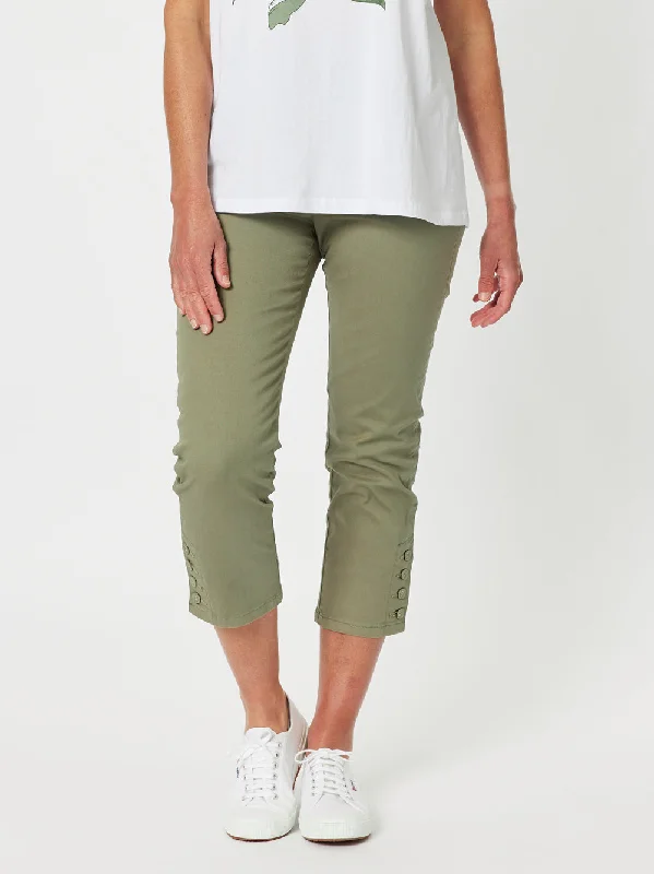 Charlie Cotton Twill Stretch Capri Pant - Khaki Comfortable Wide-Leg Pants