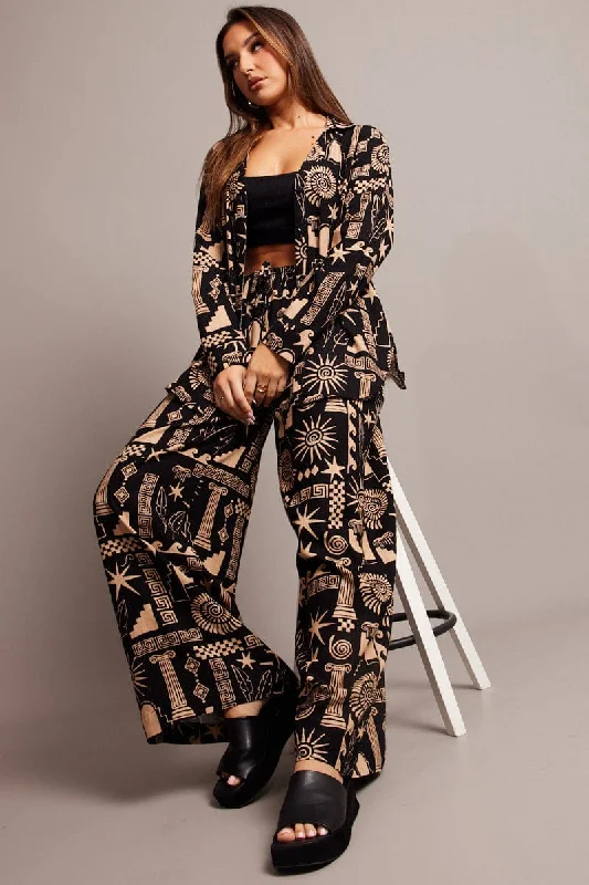 Black Abstract Wide Leg Pants High Rise Modern Stretch Trousers