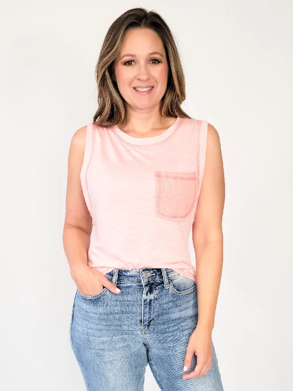 HIGH NECK SLUB KNIT TANK - BLUSH fitted tank top