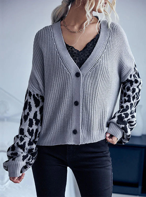 LONG SLEEVE LEOPARD PRINT STITCHING SWEATER COAT Toggled Drawstring Belted