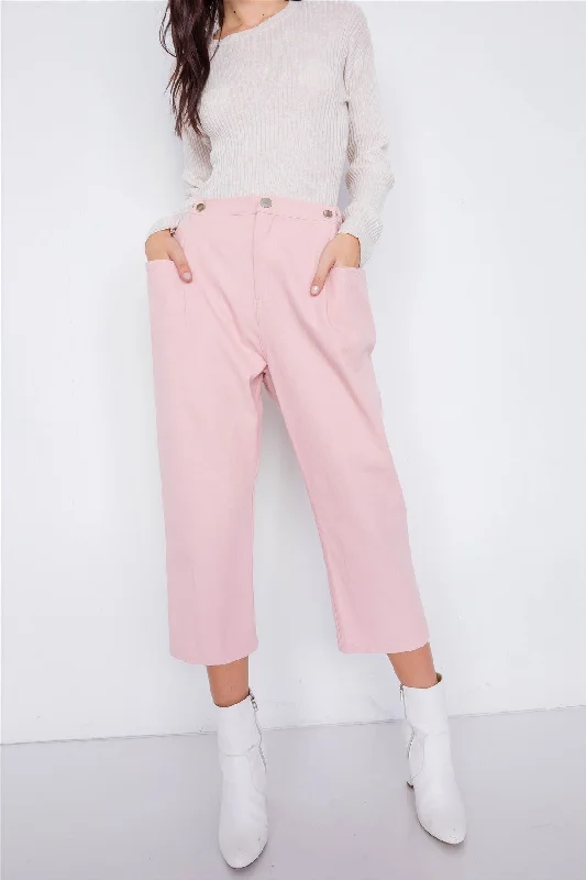 Pastel Chic Solid Ankle Wide Leg Adjustable Snap Waist Pants Cozy Knit Pants