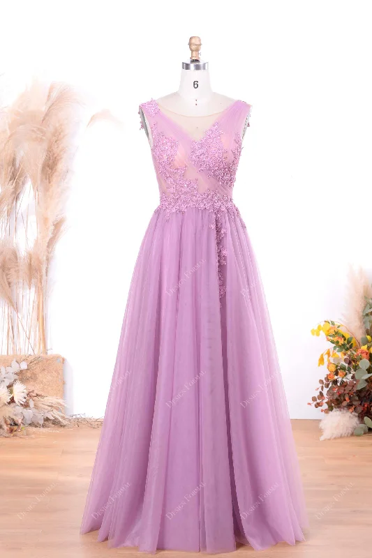 Lilac Illusion Beaded Lace Sexy Slit Illusion Top A-line Tulle Prom Dress Tunics Stylish elegant