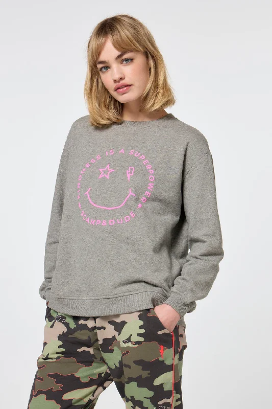 Grey Marl Smiley Face Oversized Sweatshirt Hoodie with Full-Zip Functional Layering