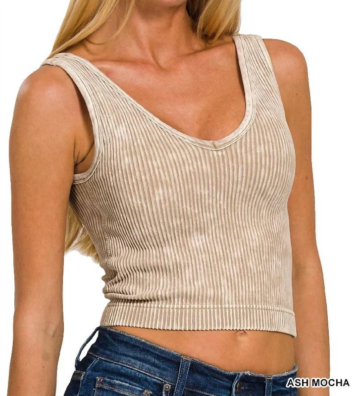 Washed Ribbed Seamless Bra Padded Tank Top In Ash Mocha mesh tank top