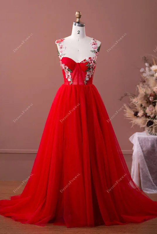 Romantic Flower Straps Red Tulle Slit Fairy Formal Dress Floral Print girly