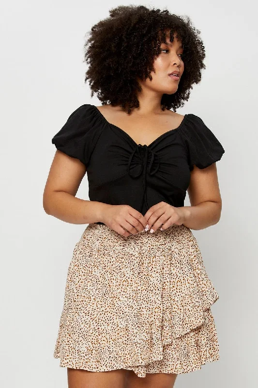 Animal Print Mini Skater Skirt Ruffle Hem silk skirt elegant