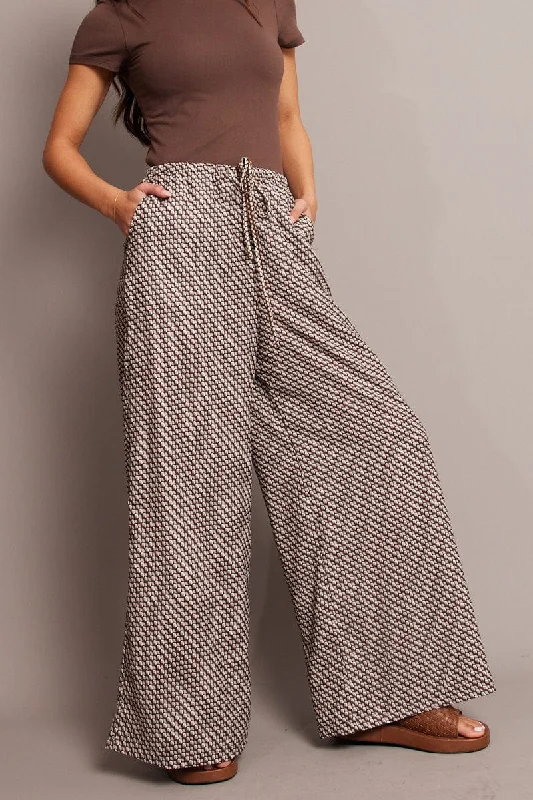 Brown Geo Wide Leg Pants High Rise Comfortable Wide-Leg Pants