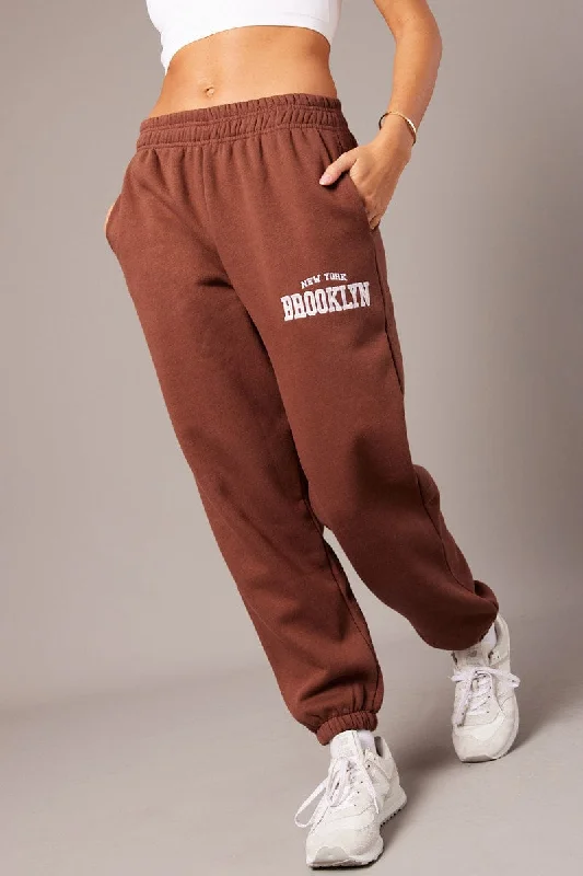 Brown Track Pants High Rise Fashionable Button-Up Pants