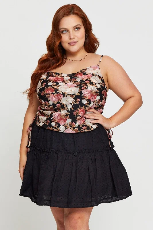 Black Mini Skater Skirt Cotton Blend Elastic Waist silk skirt luxurious